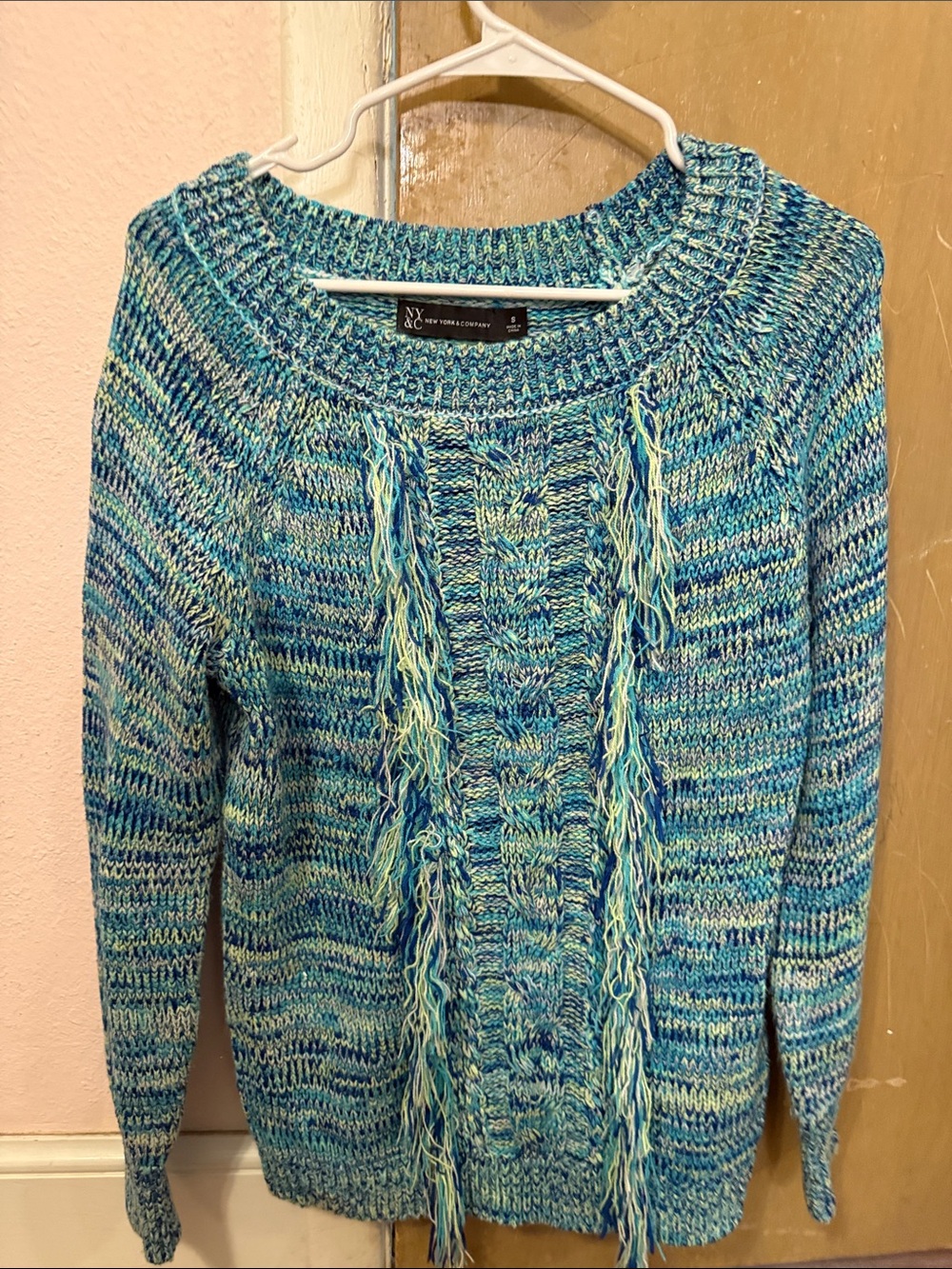 New York & Company Teal & Aqua Cable Fringe Crewneck Sweater
